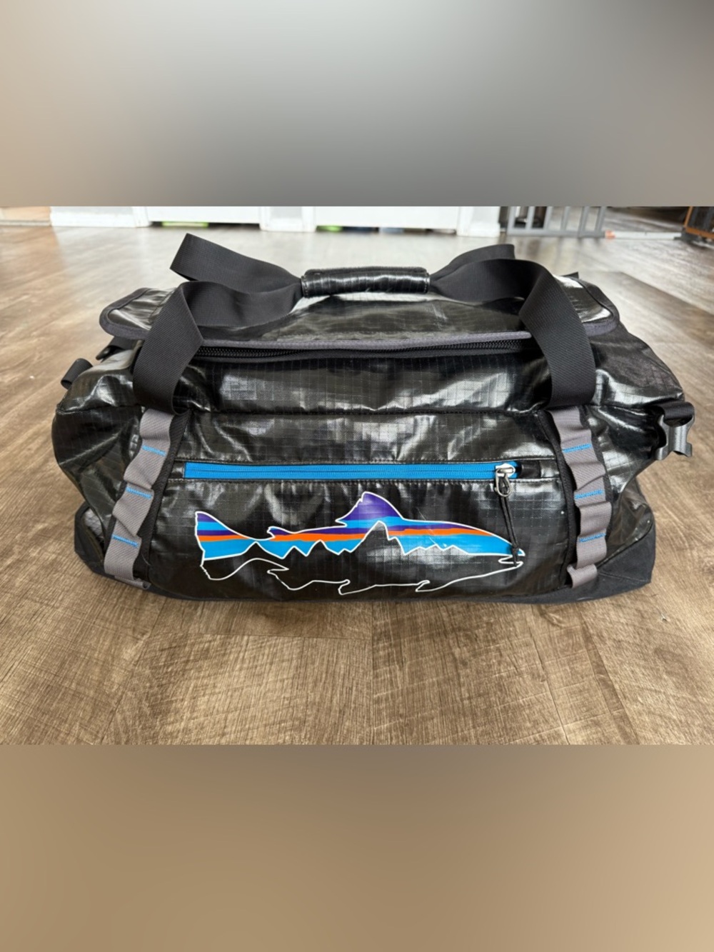 RARE Patagonia Black Hole Duffel Bag Black W/Fitz Trout 60L